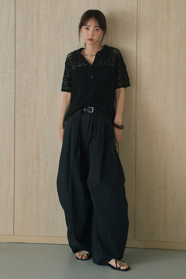 [SET]クロシェ編みニットポロ+ニーサイドタックボリュームカーブパンツ(2set)