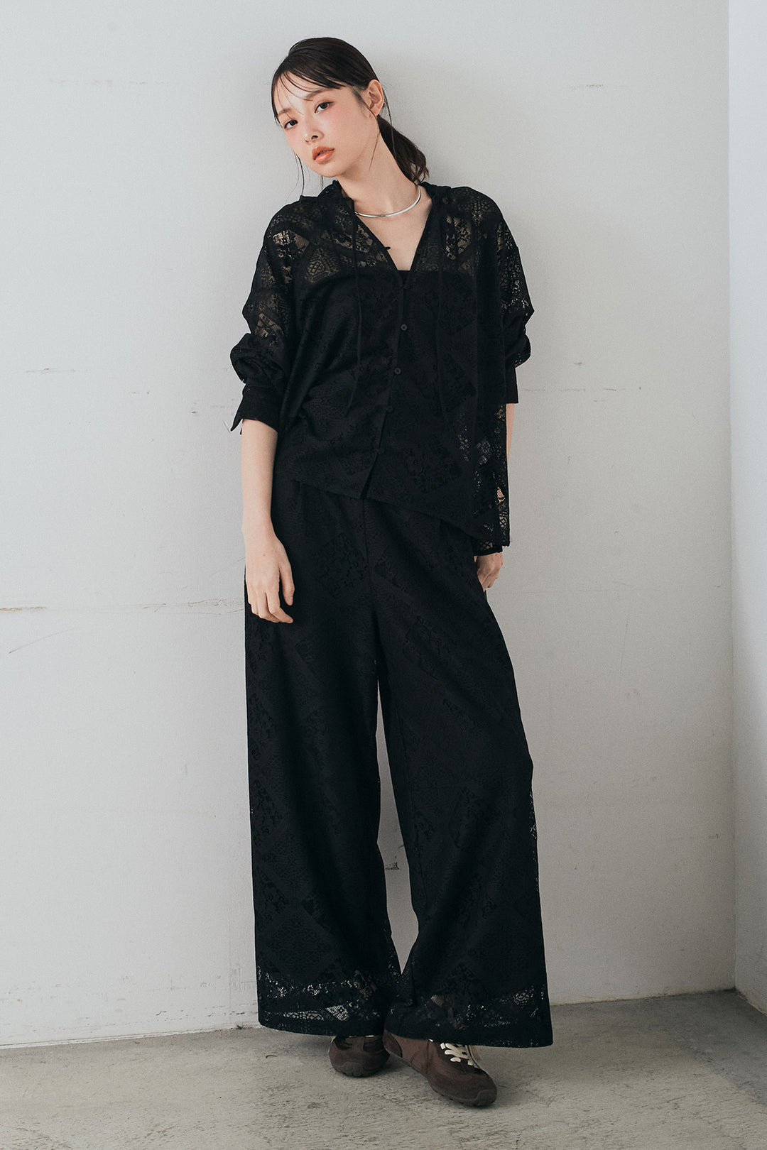 [SET]ブロックレースフード付きブラウス+リラックスブロックレースワイドパンツ(2set)