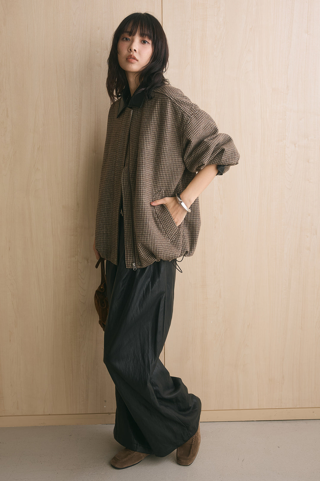 [SET]ツイードチェック合成衿ブルゾン+ベルト付きレザーライクタックパンツ(2set)