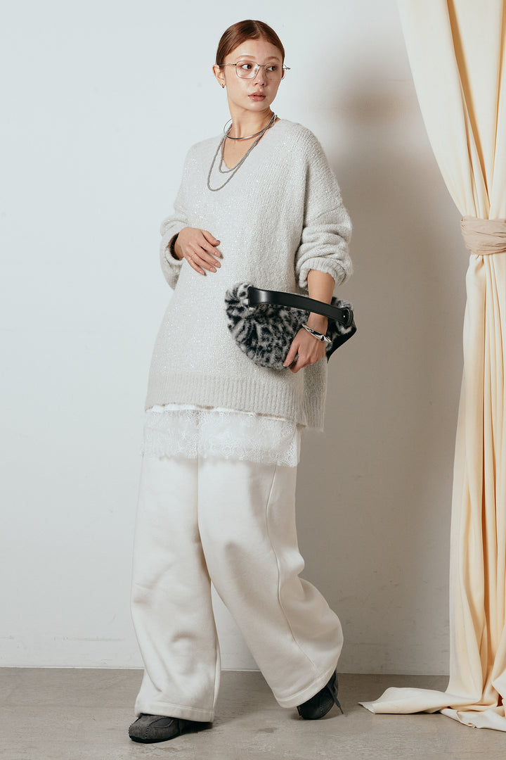 [SET]Vネックルーズラメニットトップス+レース切り替えキャミソール(2set)