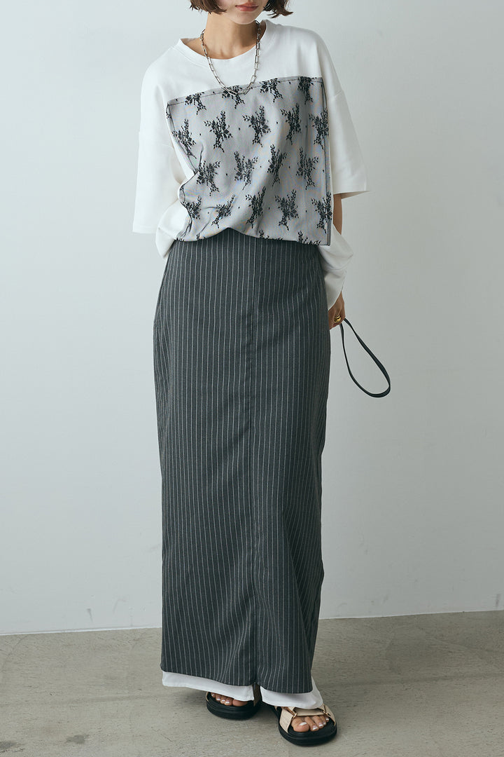 [SET]スクエアレース刺繍Tシャツ+ストライプストレートスカート(2set)