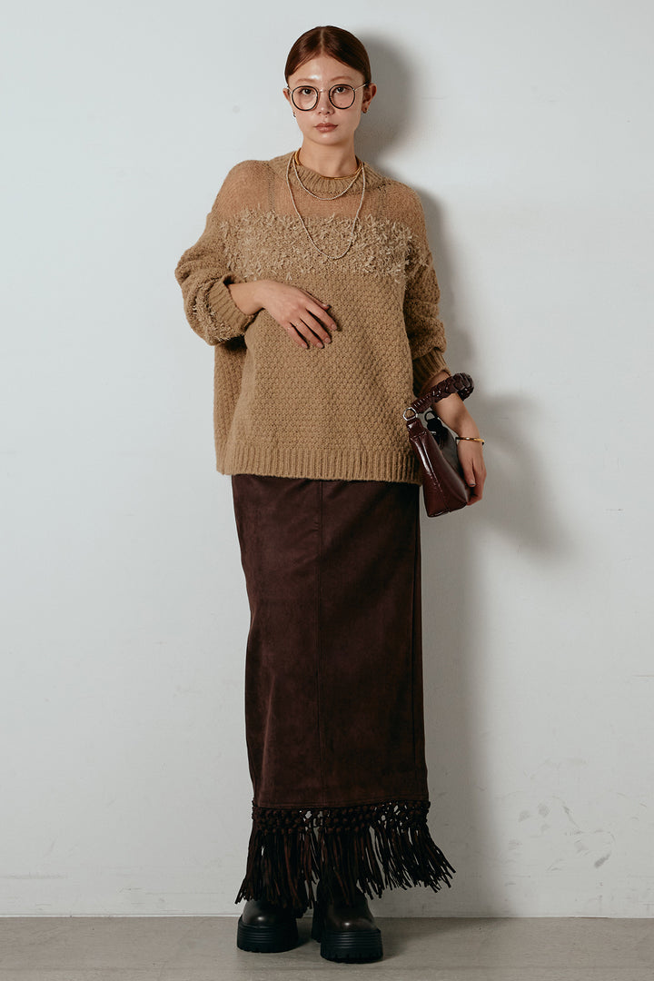[SET]パターンランダム編みニットトップス+スウェードライク裾フリンジスカート(2set)