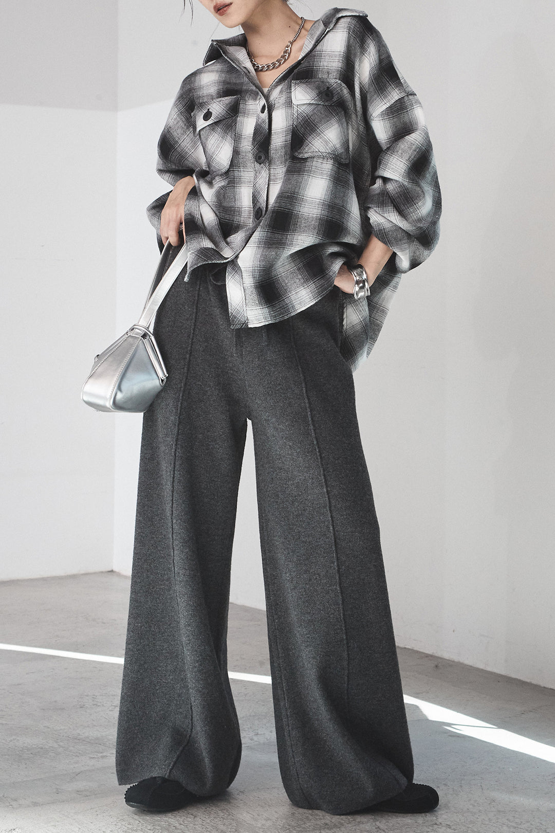 [SET]オンブレーチェックビッグシルエットCPOシャツ+センターラインニットパンツ(2set)