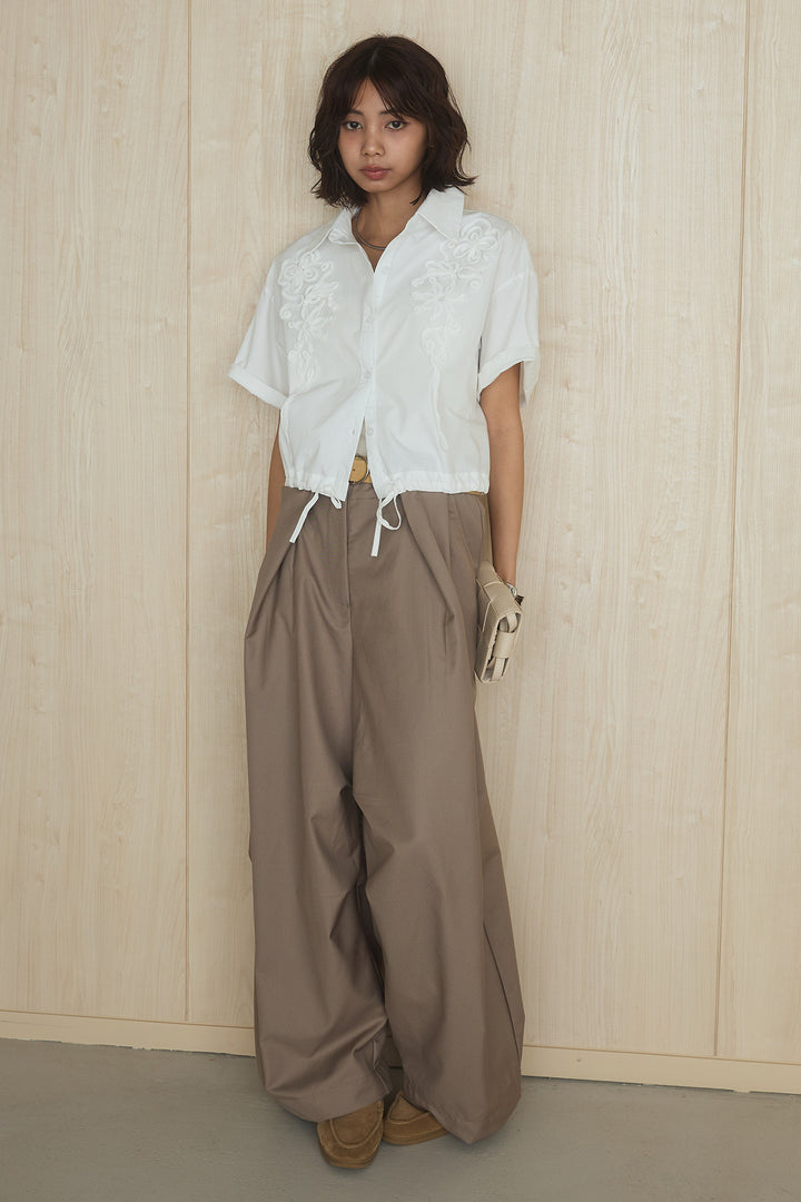 [SET]フロントテープ刺繍ウエストドロストシャツ+ベルトループワイドパンツ/ホワイト(2set)