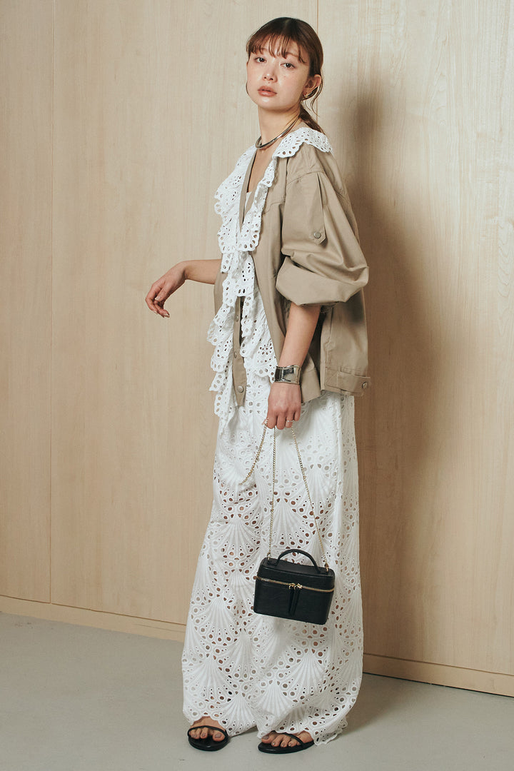 [SET]レースフリルドッキングアウター+レース刺繍リラックスパンツ(2set)