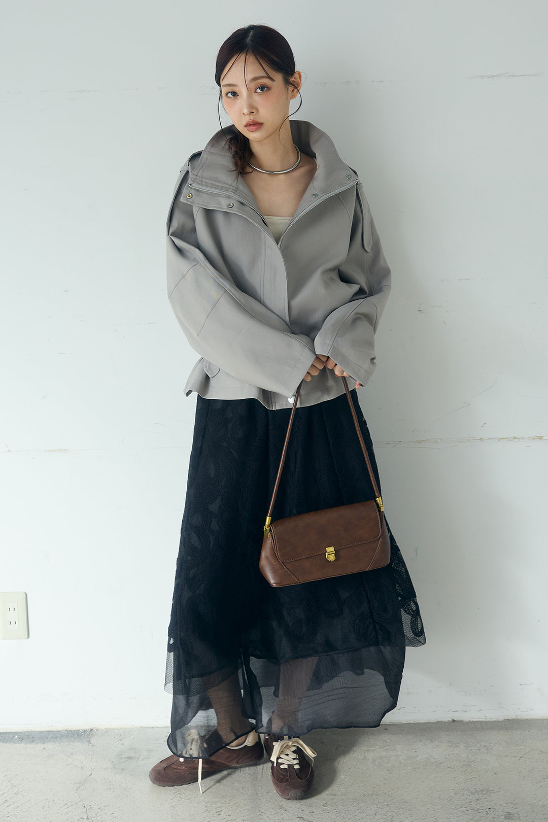 [SET]ベルト付きスタンドネックアウター+ニュアンス柄刺繍スカート(2set)