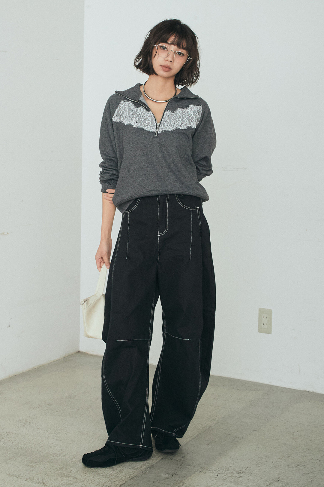 [SET]リバーレースハーフジップ裏毛スウェット+ツイル配色ステッチバレルパンツ(2set)