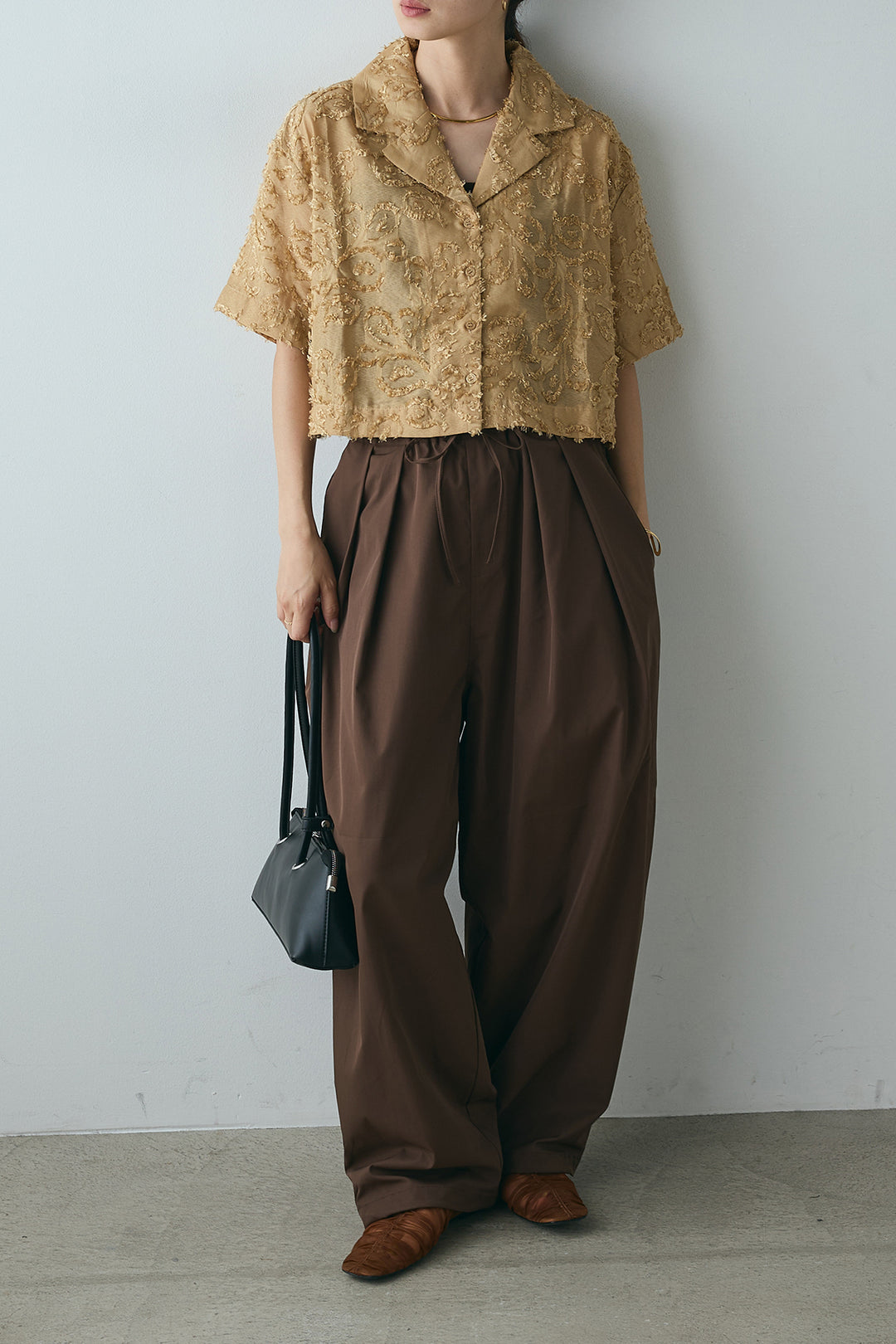 [SET]半袖オープンカラージャガード柄シャツ+タックワイドリラックスパンツ(2set)