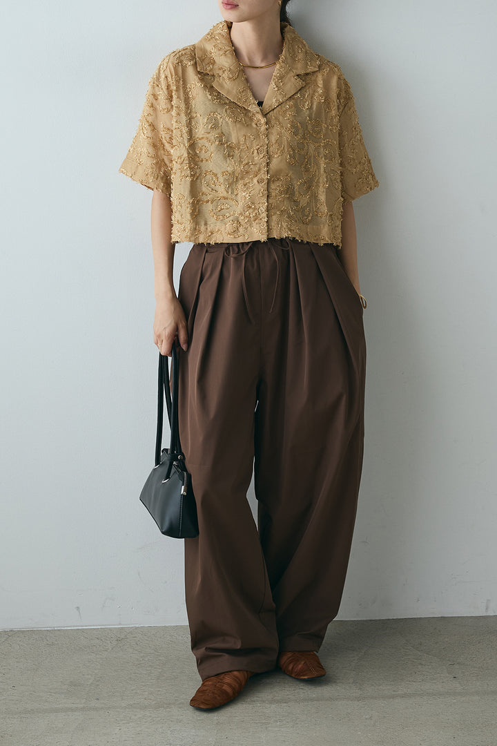 [SET]半袖オープンカラージャガード柄シャツ+タックワイドリラックスパンツ(2set)