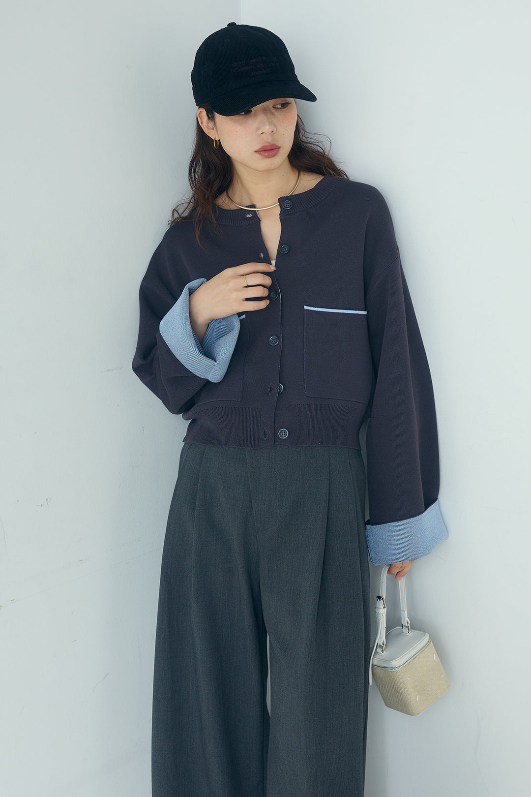 [SET]レーヨンポリダブルフェイスカーディガン+サイドベルトタック入りスラックス(2set)