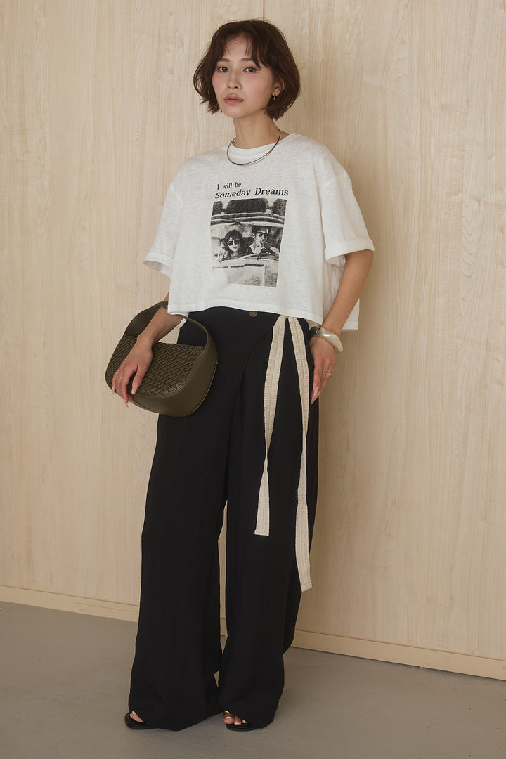 [SET]グラフィックサムデイワイドクロップドT+異素材ベルト付きラップ風ニュアンスワイドパンツ(2set)