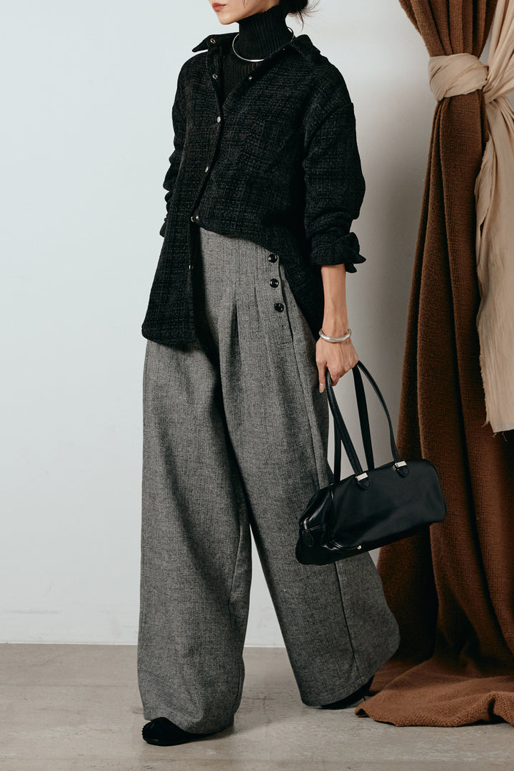 [SET]ルーズクラッシュツイルシャツ+リブニットシームレスタートルプルオーバー+サイドボタンツイードタックパンツ(3set)