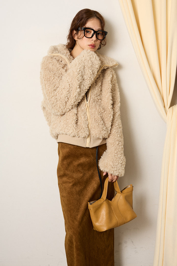 [SET]スタンドカラー裾リブボアブルゾン+ロープベルト付きスウェード調スカート(2set)