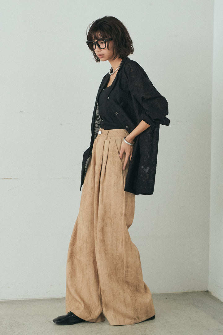 [SET]刺繍シアーオープンカラーシャツ+リネン混かすれ柄ワイドパンツ(2set)