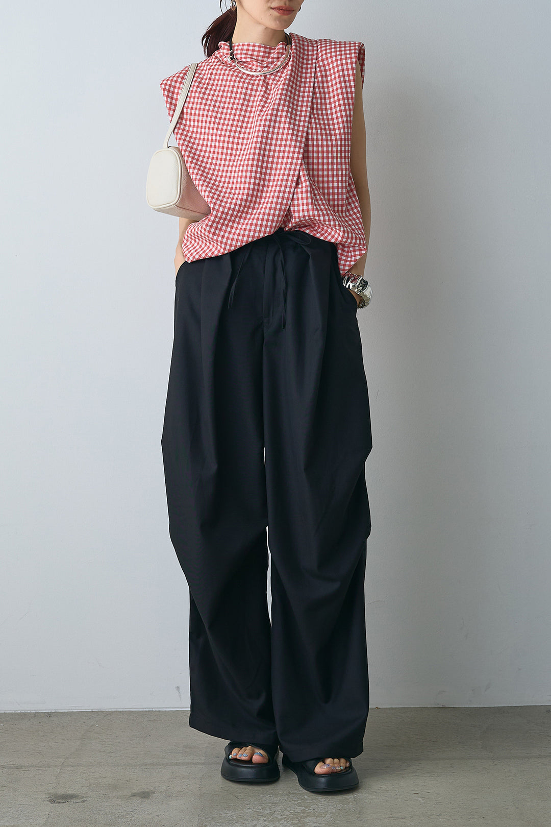 [SET]バックデザインチェックトップス+デザインタックパンツ(2set)