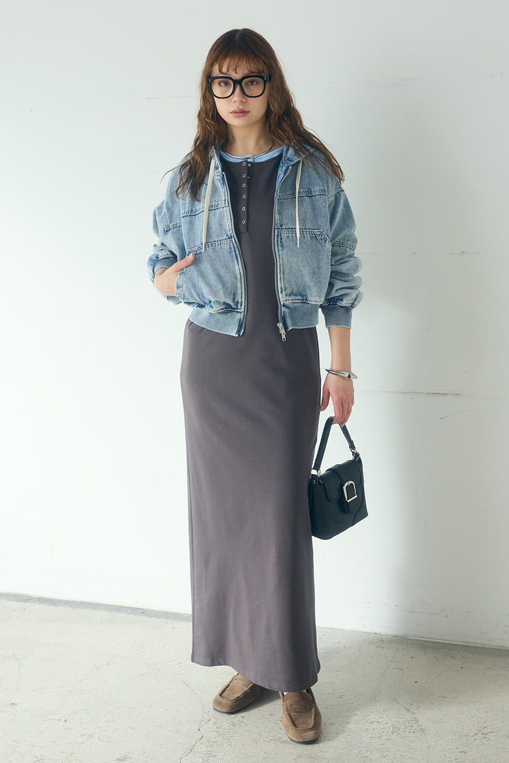 [SET]デニムダブルジップパーカーブルゾン+レイヤード見えヘンリーネックロングワンピース(2set)