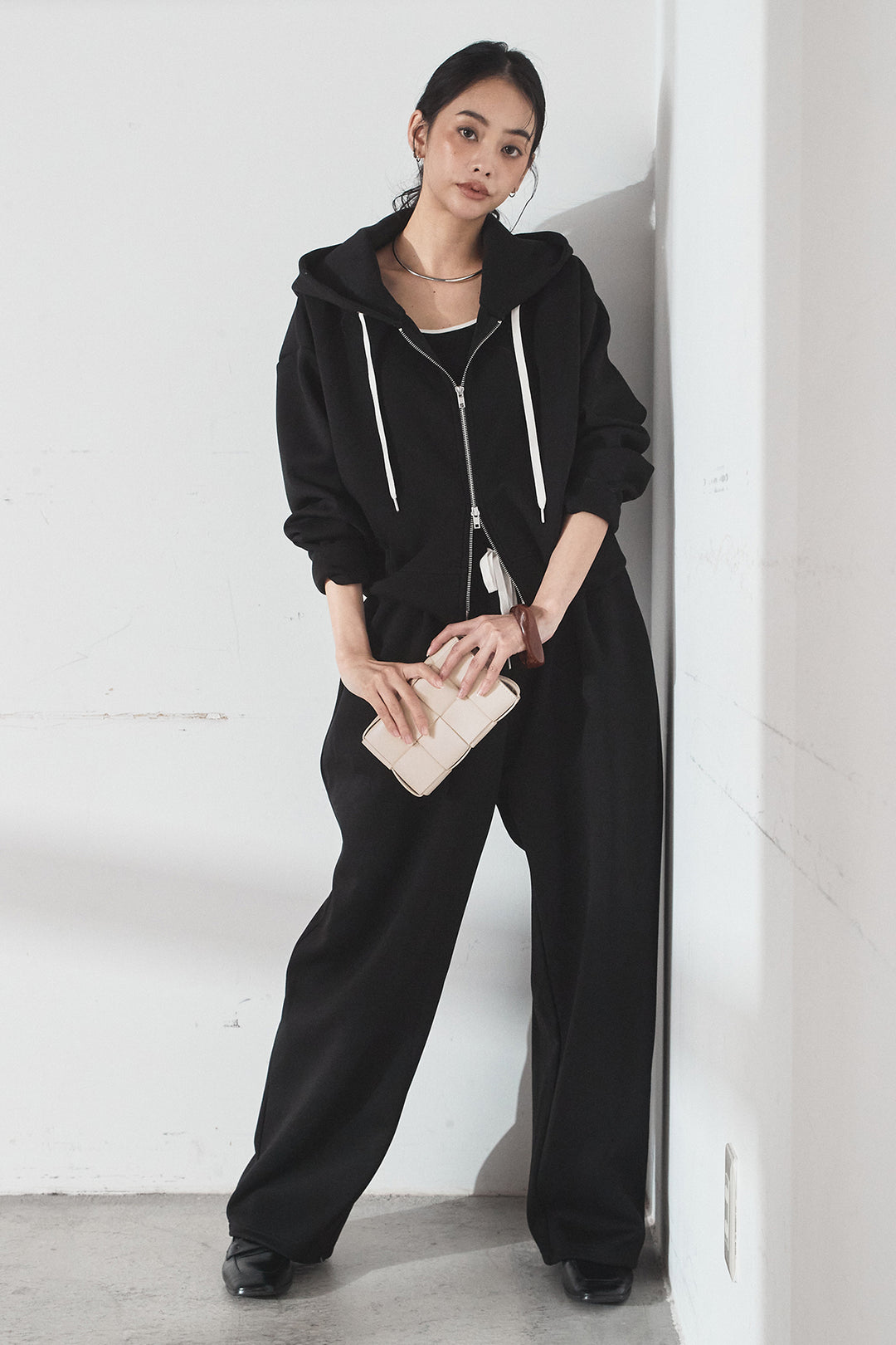 [SET]スウェットドルマンジップフードパーカー+スウェットコクーンイージーパンツ(2set)