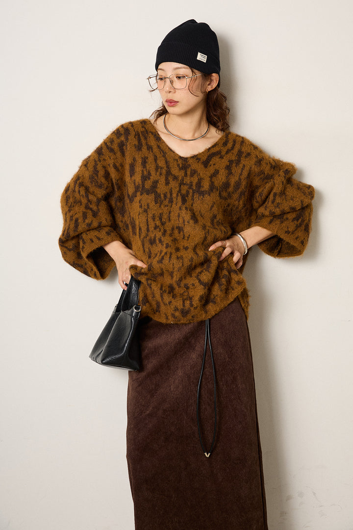 [SET]フラッフィーレオパードシャギーニット+ロープベルト付きスウェード調スカート(2set)
