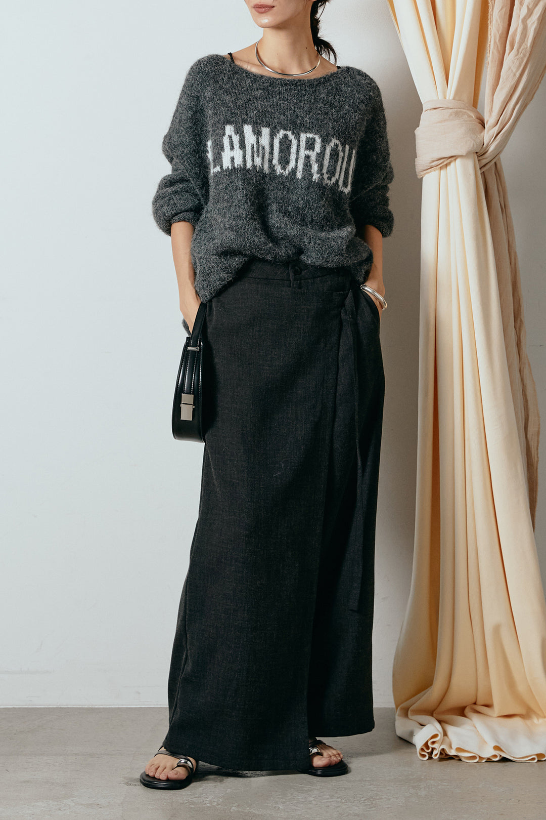 [SET]フロントロゴデザインニットトップス+ラップ巻きワイドスラックス(2set)
