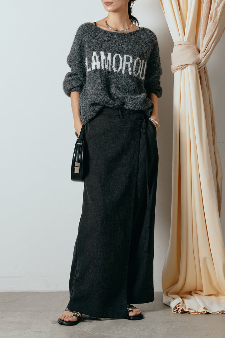 [SET]フロントロゴデザインニットトップス+ラップ巻きワイドスラックス(2set)