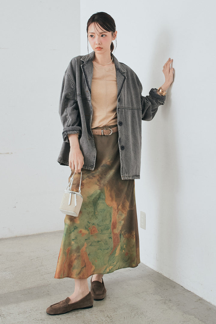 [SET]オーバーデニムジャケット+ニュアンス柄サテンスカート(2set)