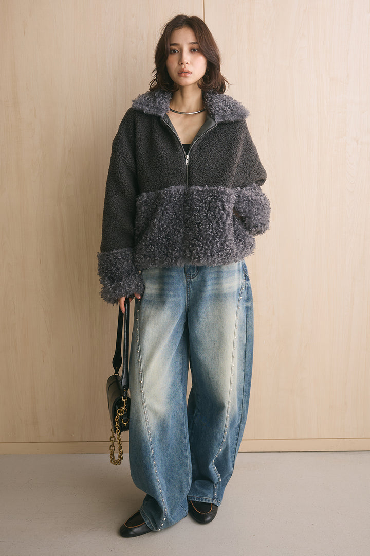 [SET]ボア×プードルファーパッチワークブルゾン+スタッズデザインカーブデニムワイドパンツ(2set)