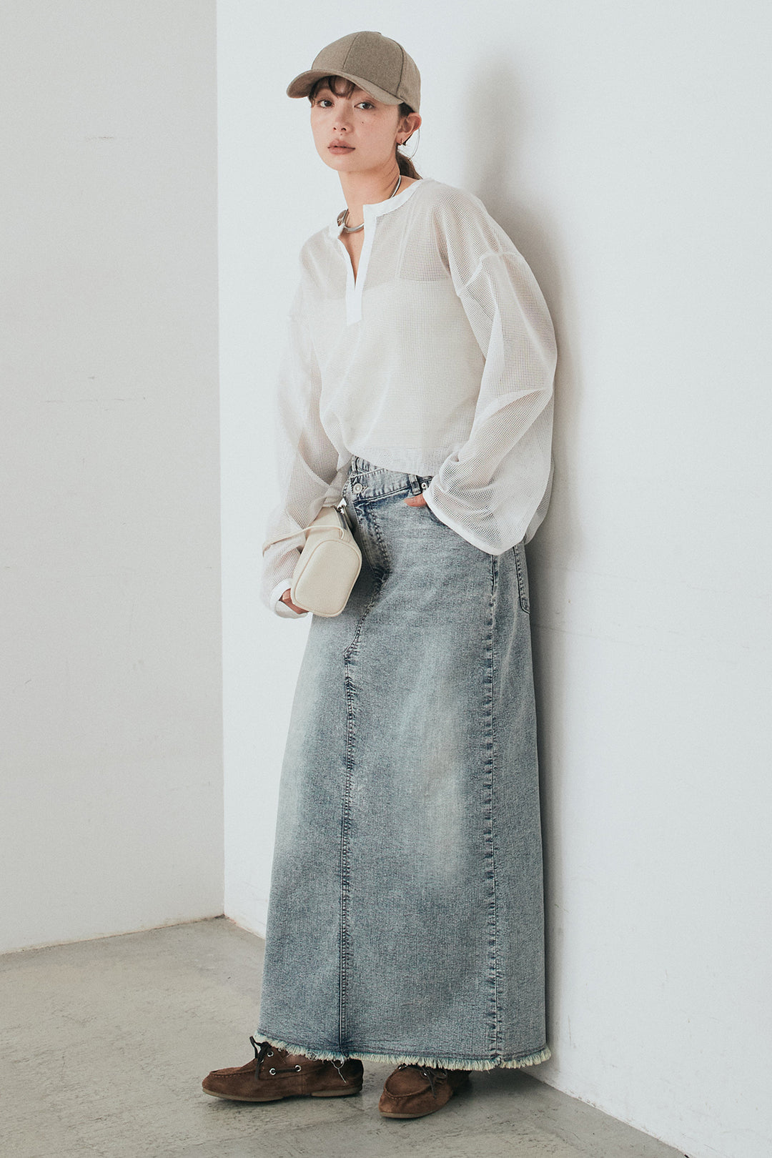 [SET]メッシュカットソースキッパープルオーバー+ウエストクロスデニムタイトスカート(2set)