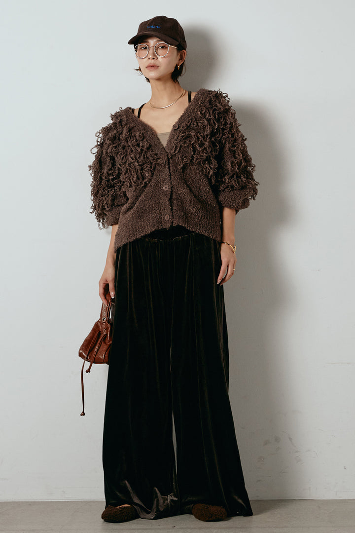 [SET]ループ編みVネックニットカーディガン+ベロアサスペンダー付きパンツ(2set)