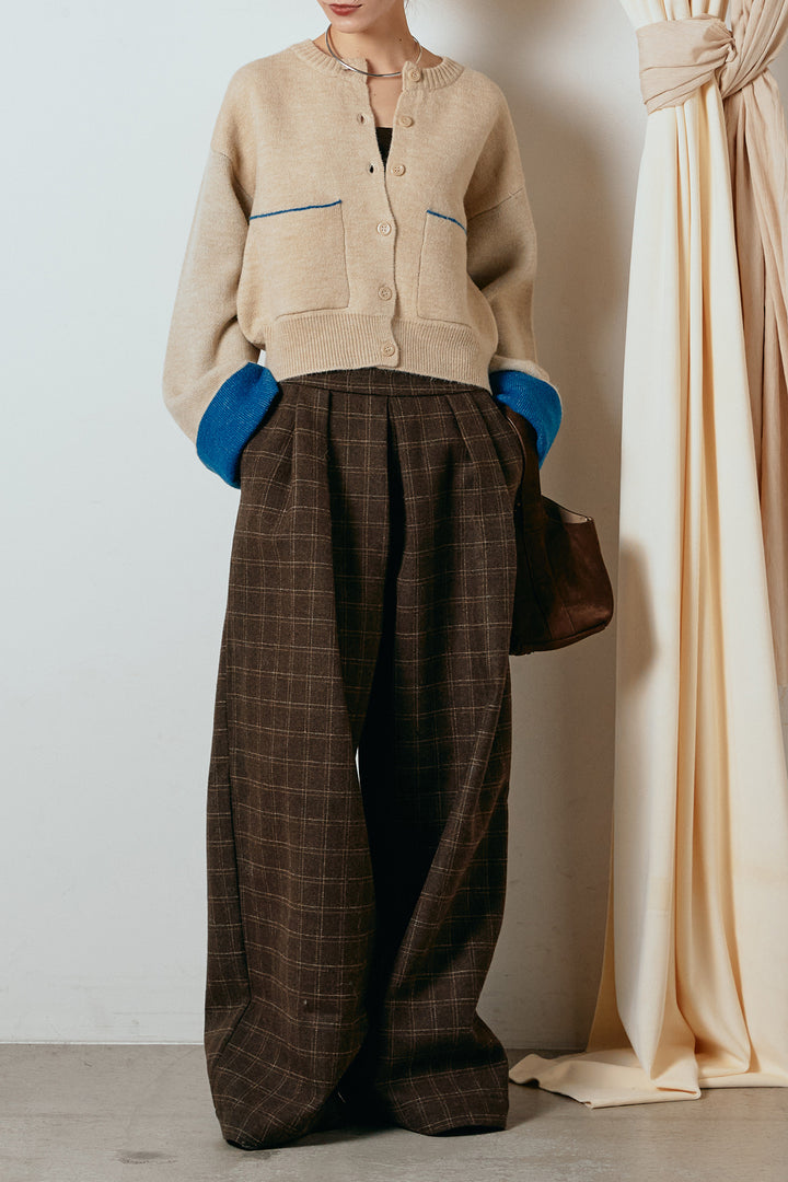 [SET]アルパカタッチダブルフェイスカーディガン+ウールライクチェックタックパンツ(2set)