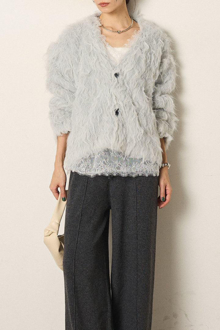 [SET]起毛シャギーニットカーディガン+レース切り替えキャミソール(2set)