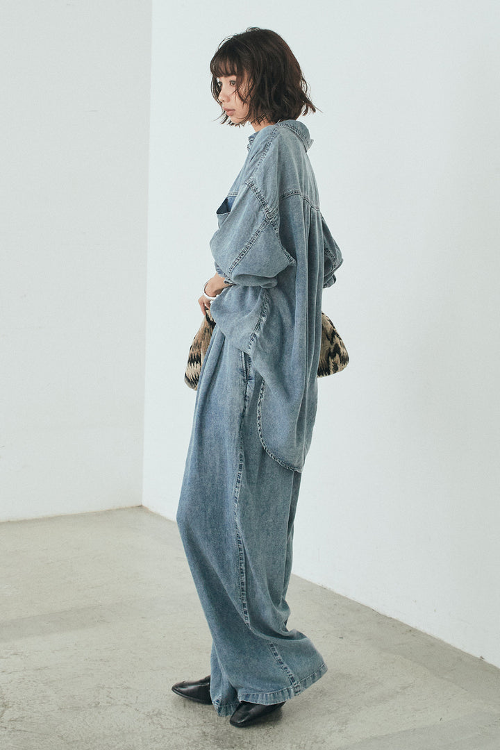 [SET]テンセルデニムシャツ+テンセルデニムイージーワイドパンツ+ストレッチレースクルーネックインナー(3set)