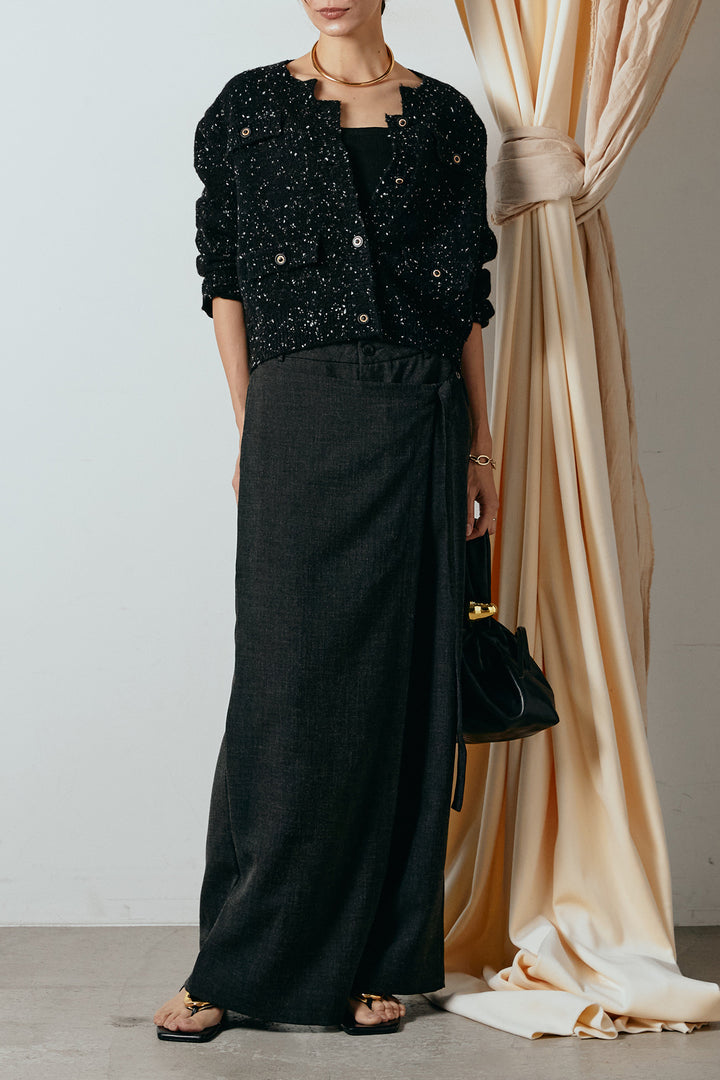 [SET]ネップニットカーディガン+ラップ巻きワイドスラックス(2set)