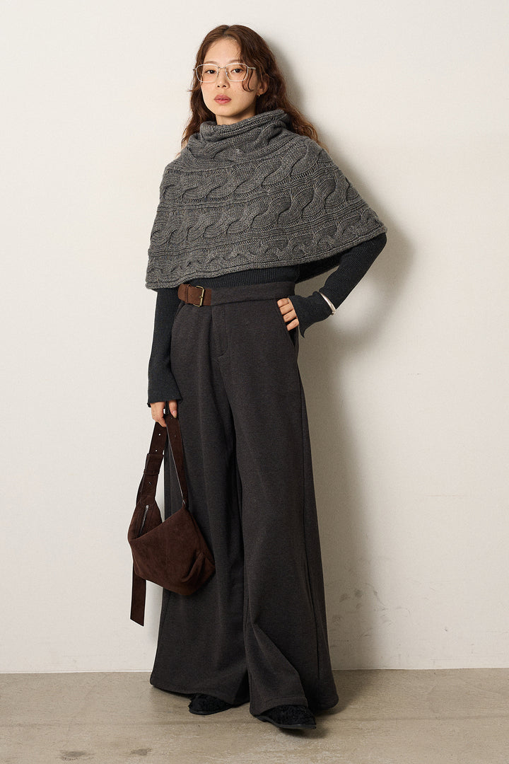 [SET]ケーブル編みケープレイヤードニット+サイドベルトパンツ(2set)