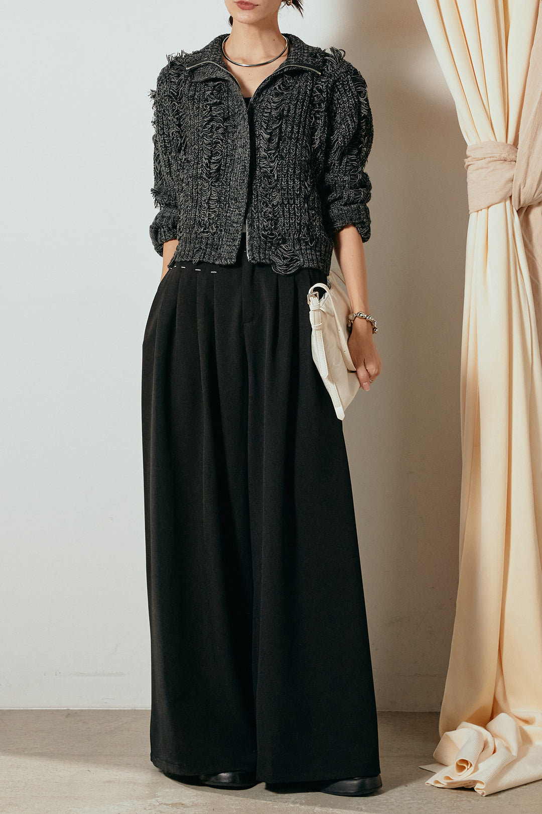 [SET]ハイネックフリンジジップニットトップス+ウエストステッチデザインワイドスラックス(2set)