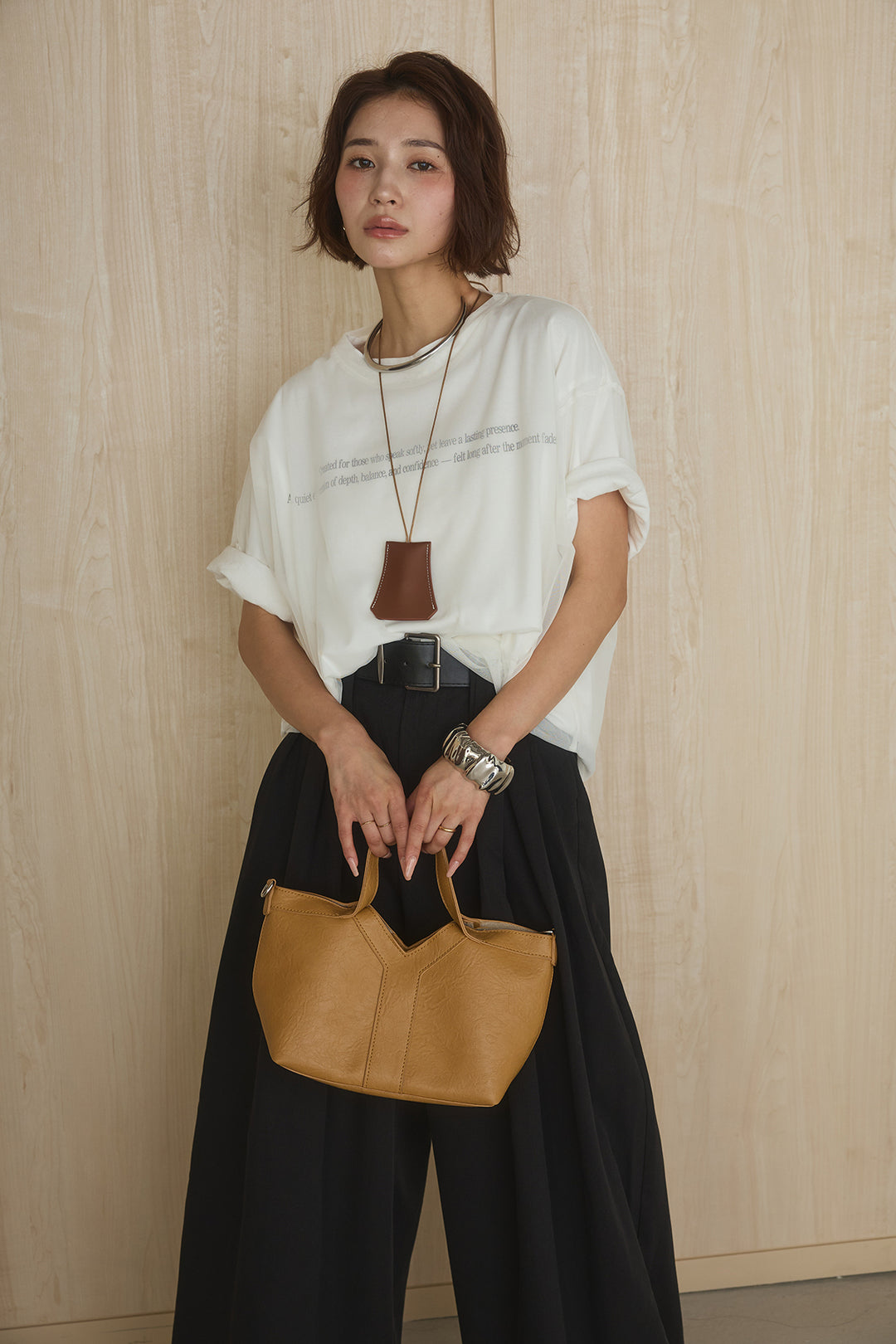 [SET]綿天竺Tシャツ×チュールトップス+ベルト付きビックループワイドパンツ(2set)