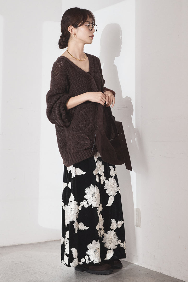 [SET]コード刺繍リラックスニットカーディガン+フラワー刺繍ワイドスカート(2set)