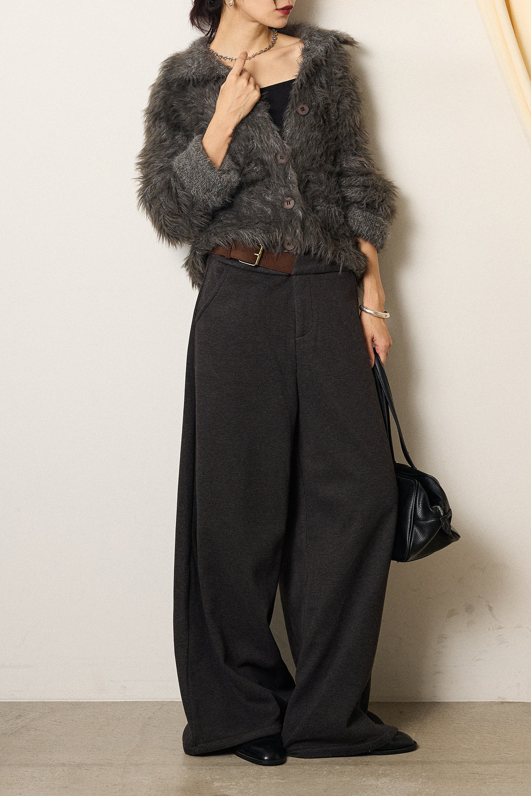 [SET]襟付きシャギーニットカーディガン+サイドベルトパンツ(2set)