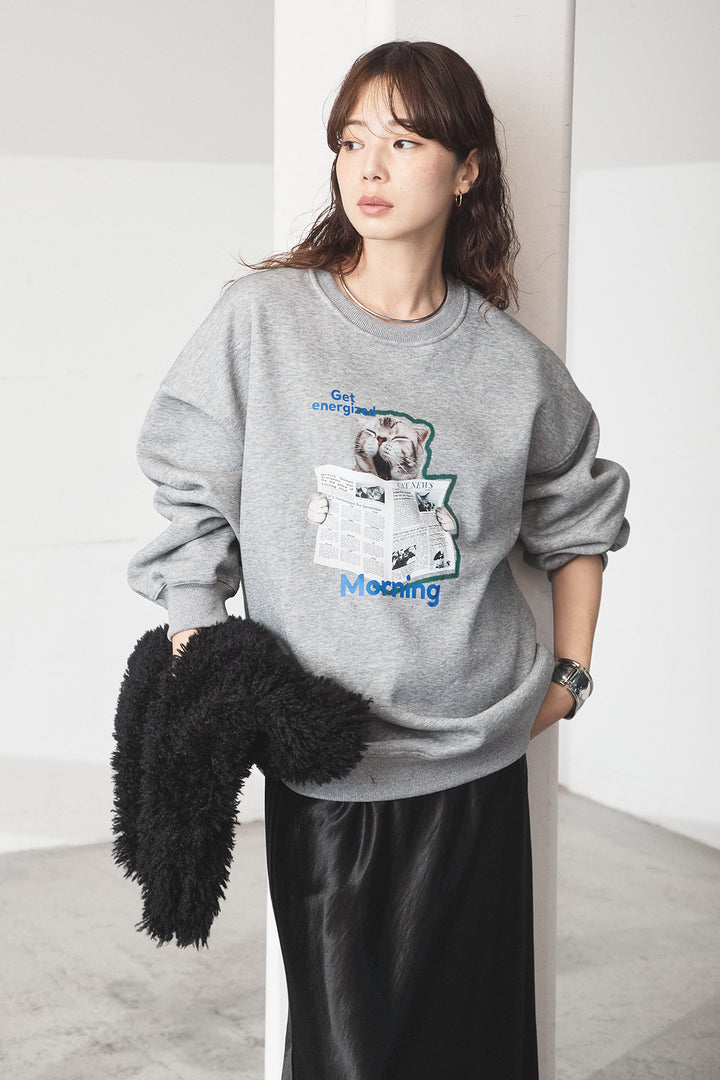 [SET]裏起毛モーニングキャットプリントスウェット+裾レースデザインサテンスカート(2set)