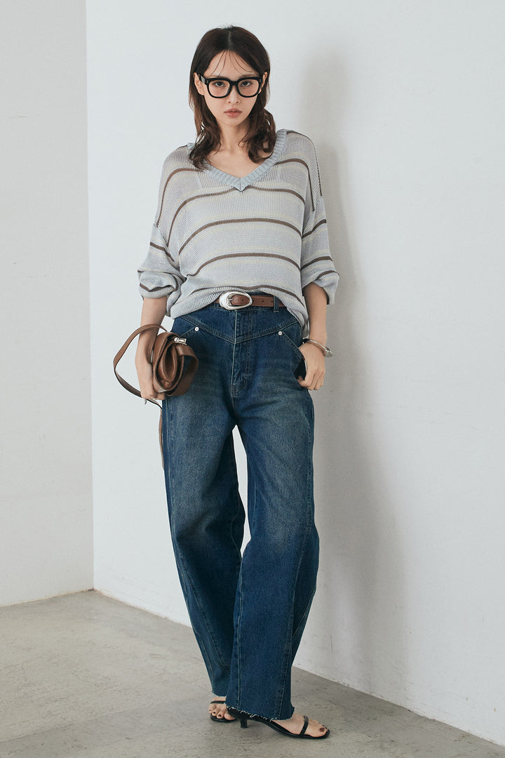 [SET]綿タッチVネックボーダートップス+デニムヨークパンツ(2set)