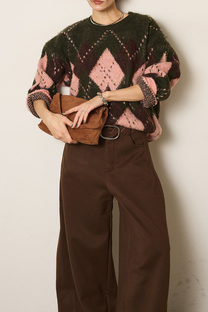 [SET]配色アーガイル柄ニットトップス+編みベルト付きワイドパンツ(2set)