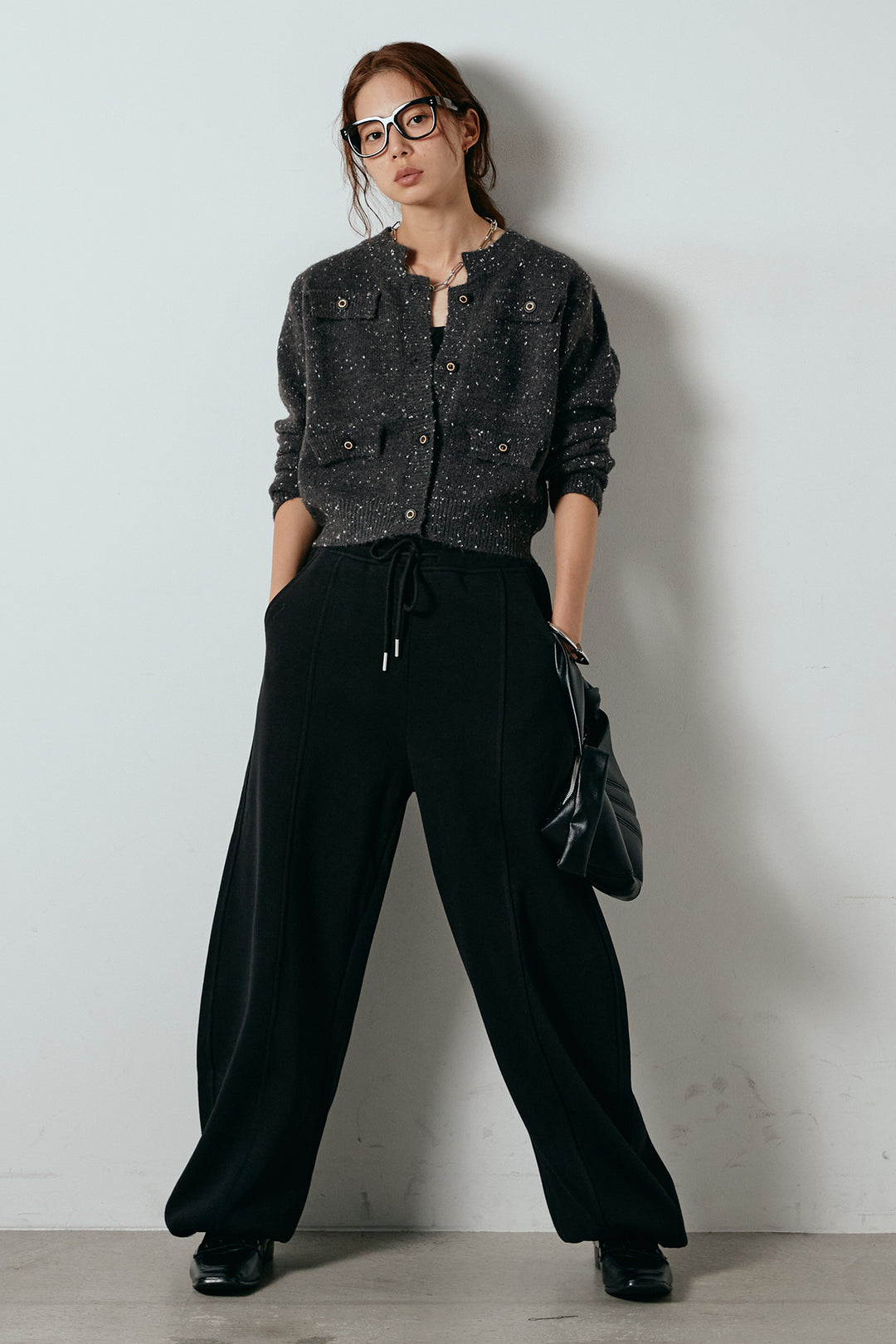 [SET]ネップニットカーディガン+スウェットワイドカーブパンツ(2set)