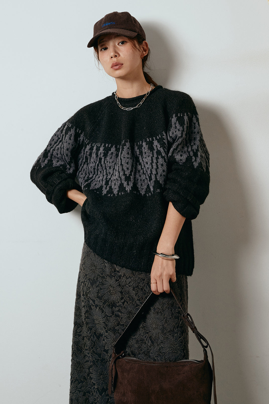 [SET]モノトーン柄ニットトップス+花柄刺繍ベロアフレアスカート(2set)