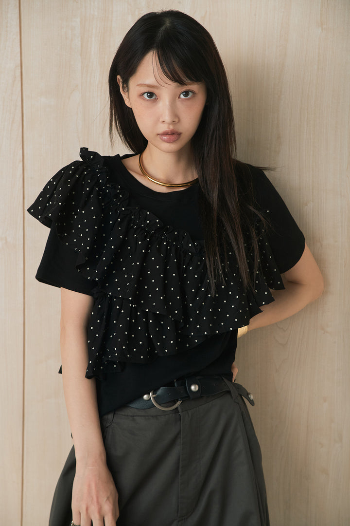 [SET]ドットアシメフリルデザインTシャツ+サークルバックルベルト付きタックワイドパンツ(2set)
