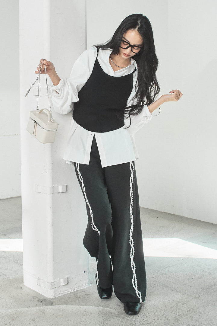 [SET]ニットキャミ付きシャツ+刺繡テープラインパンツ(2set)