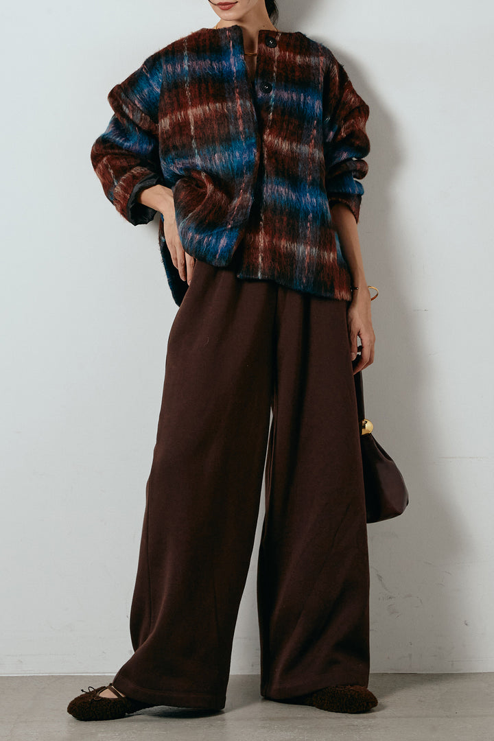 [SET]ノーカラーシャギーチェックアウター+裏起毛スウェットワイドパンツ(2set)