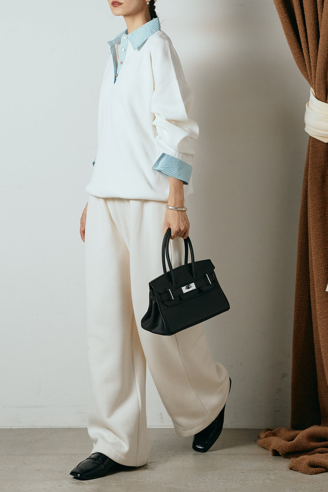 [SET]ストライプシャツドッキングポロトップス+裏起毛スウェットワイドパンツ(2set)