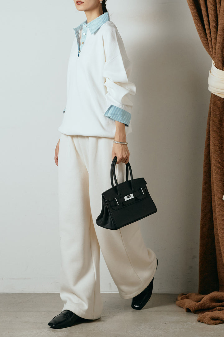 [SET]ストライプシャツドッキングポロトップス+裏起毛スウェットワイドパンツ(2set)