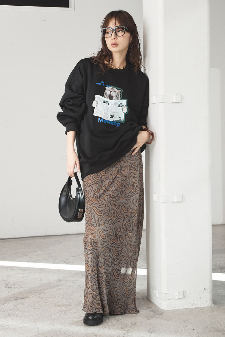 [SET]裏起毛モーニングキャットプリントスウェット+抽象柄ロングスカート(2set)