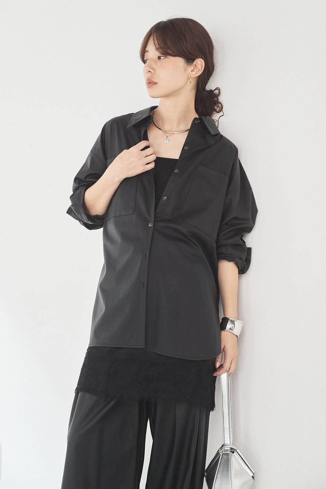 [SET]ウォッシャブルエコレザービックカフスシャツ+ウォッシャブルエコレザータックパンツ(2set)