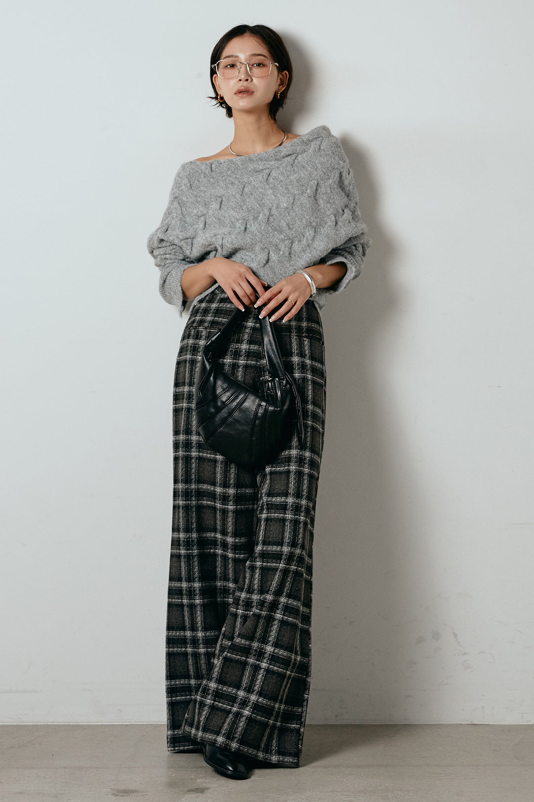 [SET]ボートネックニットトップス+ルーズタータンチェックワイドパンツ(2set)